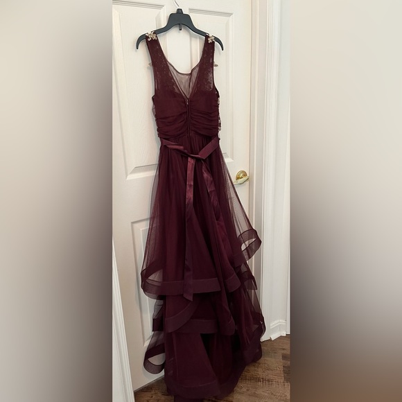 🌅FORMAL PROM DRESS Burgundy/Gold Lace Beaded Tulle-Gem Embroidered Dress•Size 7 - Picture 6 of 11